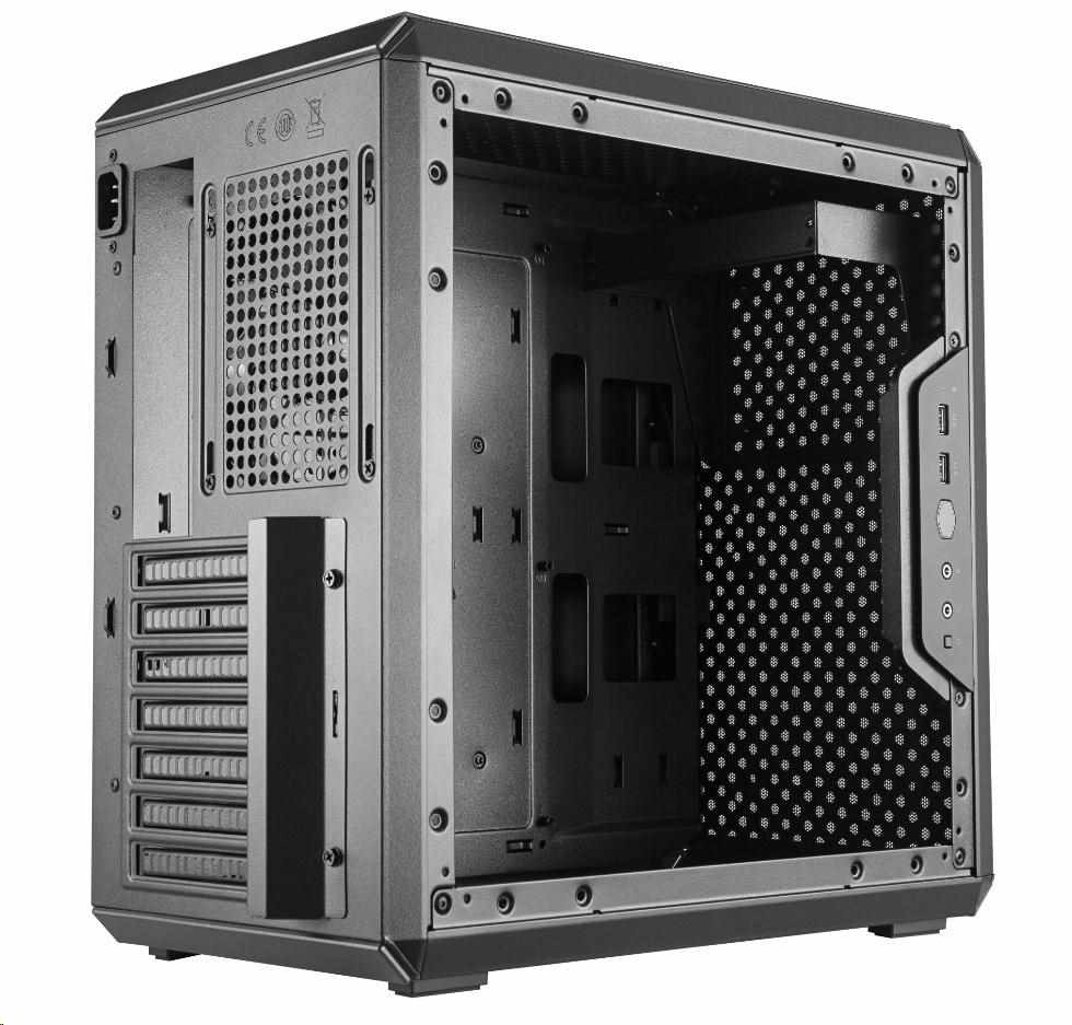 Case Cooler Master MasterBox Q500L čierna Na zábere je čierna počítačová skriňa s bočným panelom zo sieťoviny. Má niekoľko rozširujúcich slotov a porty na prednej strane, čo jej dodáva elegantný a moderný design.