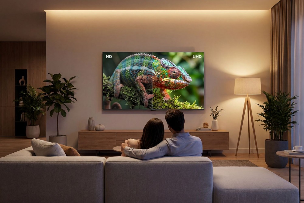 Televízor Sencor SLE 55US804B Mladý pár sleduje na veľkej 4K televízii Sencor SLE 55US804B detailný záber farebného chameleóna.