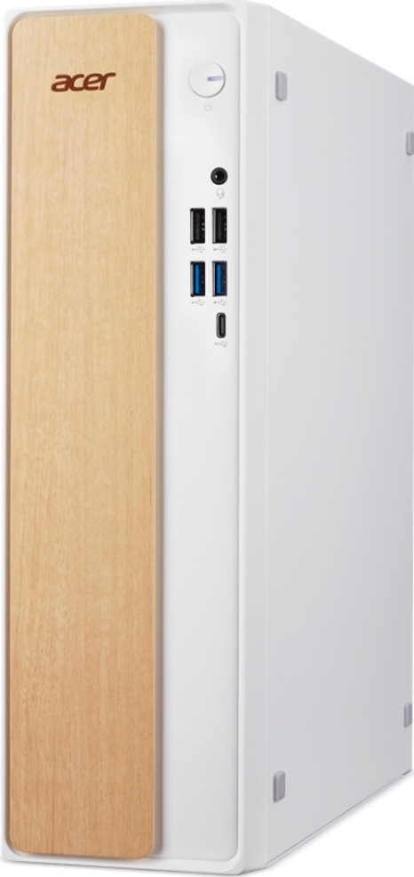 Stolný počítač Acer Aspire XC-102 biely/hnedý Počítač Acer Aspire XC-102 pri pohľade spredu a sprava. Úzka biela skriňa má výrazný predný panel v dekore svetlého dreva. Vedľa neho sa nachádza tlačidlo napájania, zvukový konektor, štyri porty USB-A a jeden USB-C.