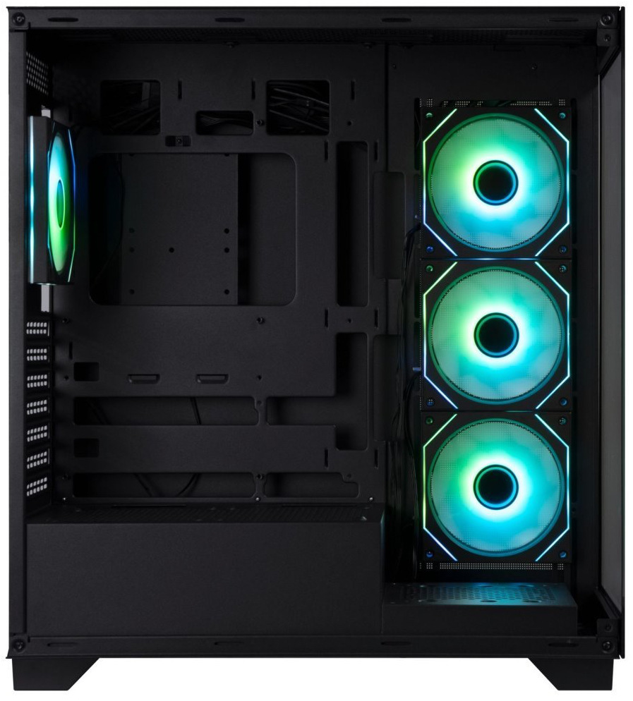 Case BitFenix CETO čierna Bočný pohľad do skrine ukazuje rad svietiacich ARGB ventilátorov umiestnených napravo pri bočnej stene. Naľavo od nich je už voľný, prázdny priestor hlavnej komory – miesto pre základnú dosku a ďalšie komponenty, takže ventilátory sú jasne „oddelené“ v bočnej sekcii a zvyšok vnútrajška pôsobí otvorene a prehľadne.