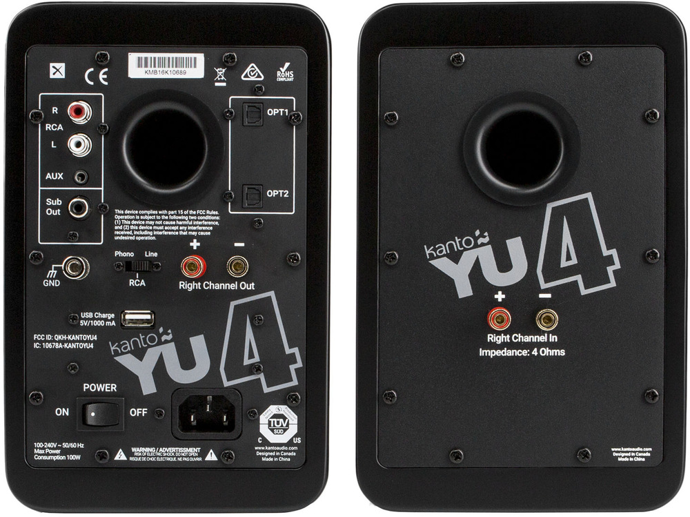 Reproduktory Kanto YU4 (2 ks) čierne Zadný panel reproduktorov Kanto YU4 s konektormi RCA, AUX a optickým vstupom.