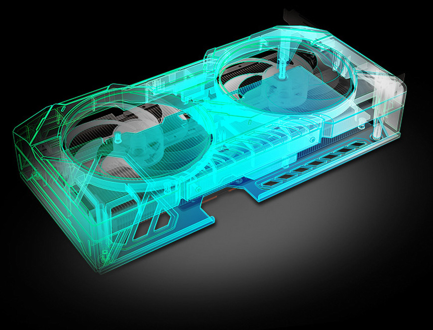 Priehľadový 3D model Sapphire Pulse RX 9060 XT odhaľujúci odolný skelet