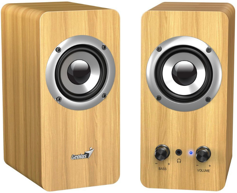 Reproduktory Genius SP-HF400 Light wood béžové Detail ovládania hlasitosti a basov a slúchadlového výstupu na reproduktore Genius SP-HF400