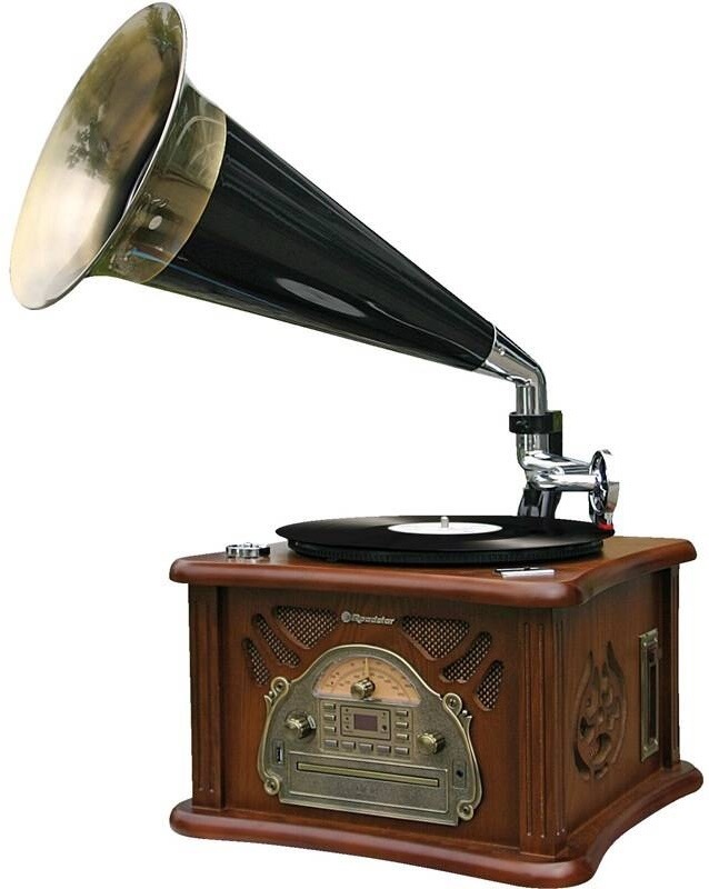 Retro gramofón Roadstar HIF-1850TUMPK v drevenom dekore s čiernym mosadzným zvukovodom