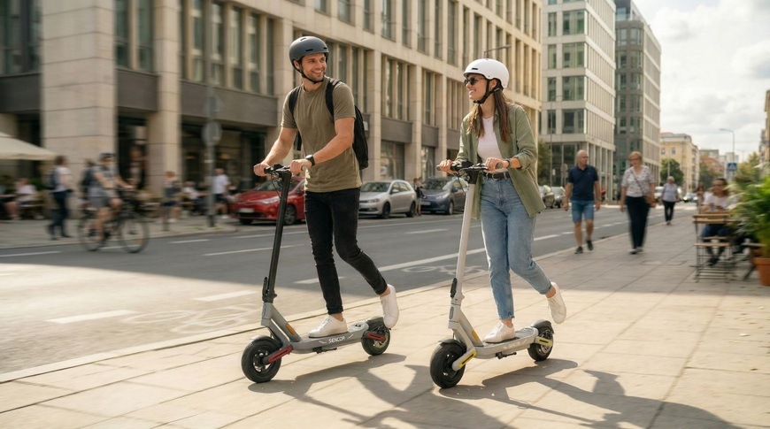 Elektrická kolobežka Sencor SCOOTER S71 LIGHT biela Muž a žena na elektrických kolobežkách Sencor SCOOTER S71 LIGHT pri jazde mestskou ulicou.