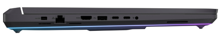 Notebook Asus ROG Strix G18 sivý Bočný panel notebooku s portami RJ45, HDMI, USB-C a napájacím konektorom