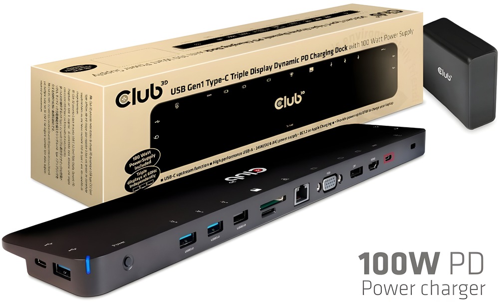 Dokovacia stanica Club3D USB-C 3.2 s napájacím adaptérom Triple Display Dynamic PD, 100 W čierna Dokovacia stanica Club3D USB-C 3.2 s napájacím adaptérom Triple Display Dynamic PD, 100 W čierna