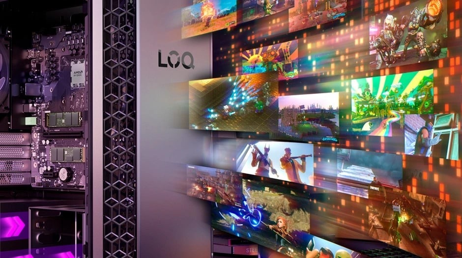 Herný počítač Lenovo LOQ Tower 26ADR10 + Game Pass predplatné na 3 mesiace sivý Herný obrázok s vnútrom počítača s viditeľnými obvodmi a logom značky „LOQ“. Vpravo niekoľko žiarivých herných snímok obrazovky zobrazuje akčné scény, prekryté dynamickou mriežkou oranžových svetiel.
