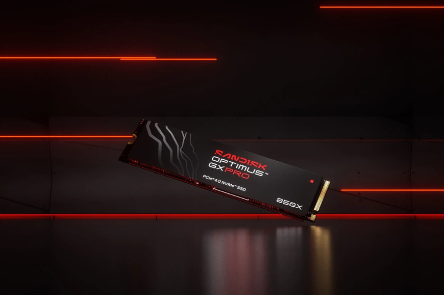 SSD SANDISK Optimus GX PRO 850X 1TB PCIe Gen4 NVMe čierny Herná SSD SANDISK Optimus GX PRO 850X PCIe Gen4 NVMe na tmavom scénickom pozadí