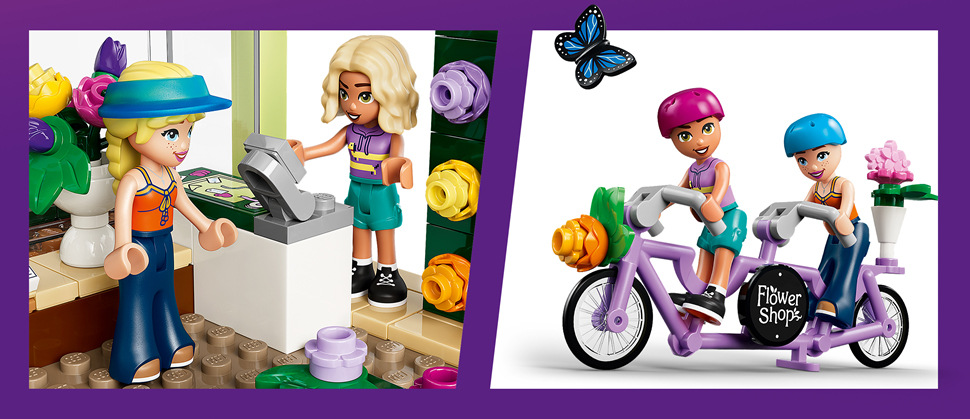 Stavebnica LEGO® Friends 42693 Kreatívne kvetinárstvo Návod v aplikácii LEGO Builder pomôže zostaviť 377 dielikov a dokončiť kvetinárstvo s rozmermi 10 × 20 × 14 cm.