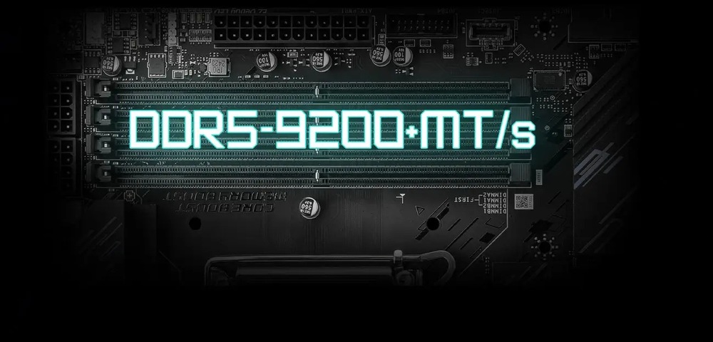 Obrázok ukazuje základnú dosku počítača s osvetleným štítkom DDR5-9200+ MT/s na slote RAM, ktorý označuje vysokorýchlostnú pamäťovú kapacitu.