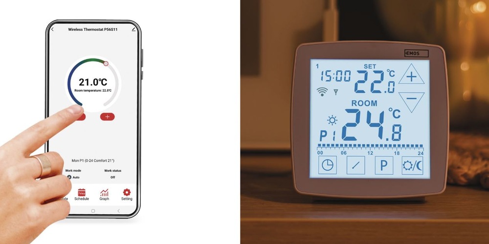 Termostat EMOS GoSmart, izbový, programovateľný, bezdrôtový, WiFi biely Termostat EMOS GoSmart v interiéri
