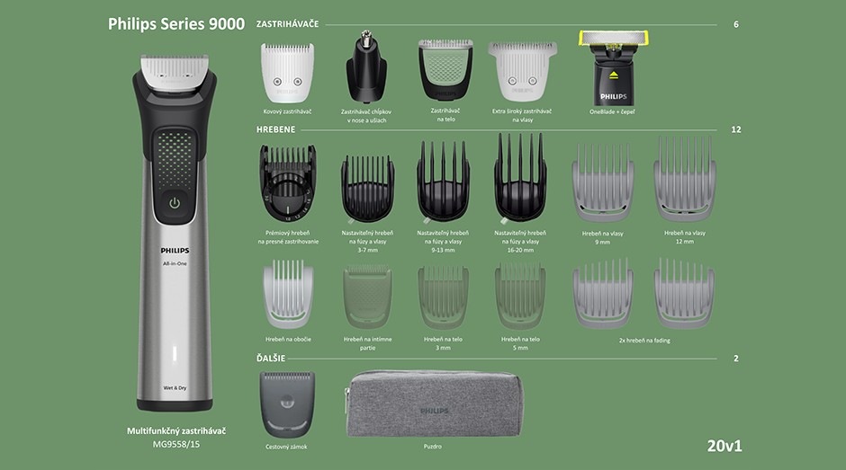 Multifunkčný zastrihávač Philips MG9558/15 Series 9000 vrátane vymeniteľných nástavcov