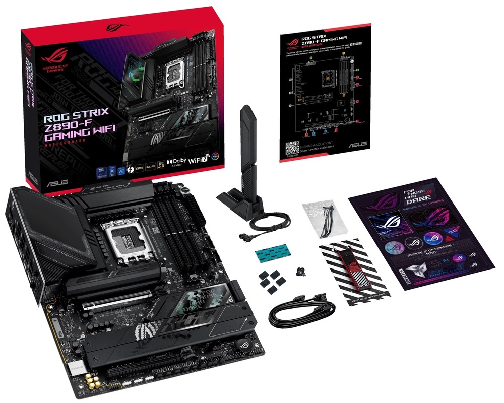 Základná doska Asus ROG Strix Z890-F GAMING WIFI Na fotke je hore položená krabica ROG Strix Z890-F Gaming WiFi, pod ňou leží samotná základná doska s výraznými čiernymi pasívami a krytmi M.2. Vpravo od dosky je rozložené príslušenstvo na inštaláciu – vidíte Wi-Fi anténu, tlačenú dokumentáciu (vrátane kartičky s nákresom dosky), kabeláž a drobné montážne doplnky pre disky M.2 a ďalšie ROG „drobnosti“.