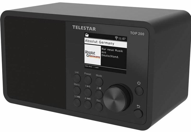 Šikmý pohľad na rádio Telestar TOP 200 s kompaktným dizajnom a integrovaným reproduktorom