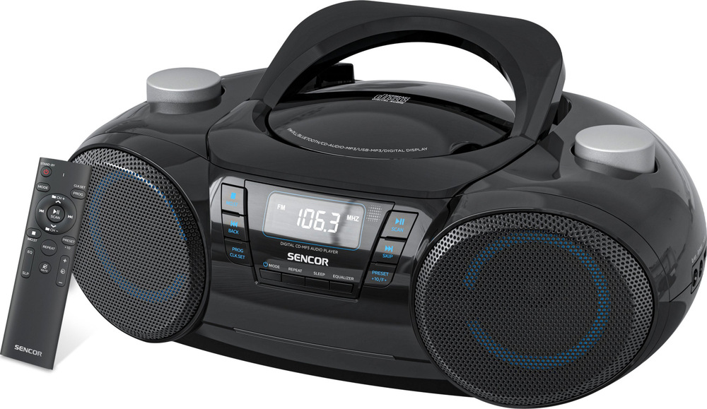 Rádioprijímač s CD Sencor SPT 4710B čierny Sencor s diaľkovým ovládačom, Bluetooth a CD prehrávačom, pohľad z boku.