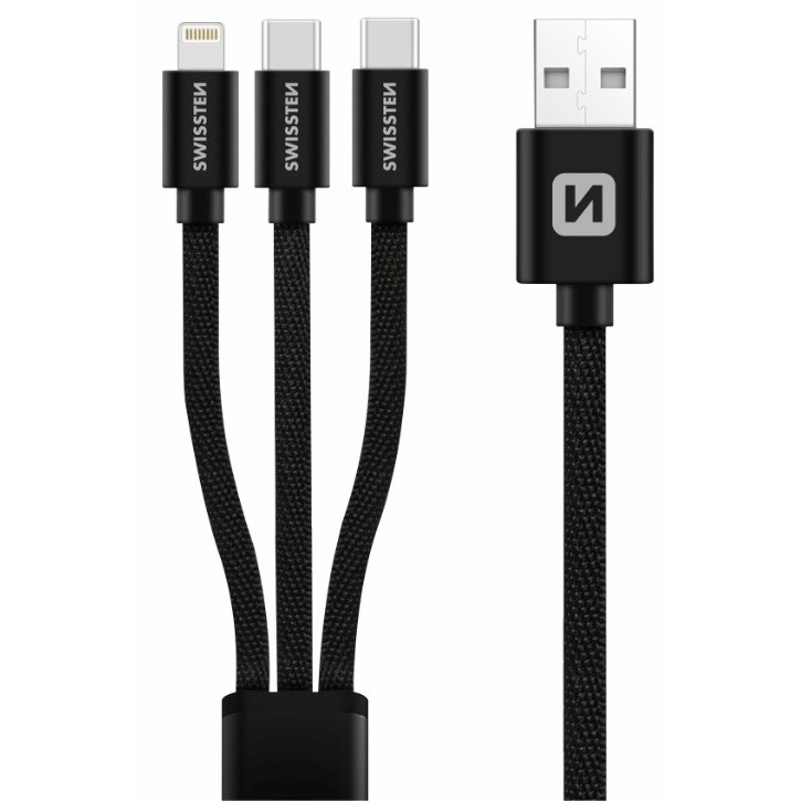 Kábel Swissten 3v1, USB/2x USB-C, Lightning, 1,2 m čierny