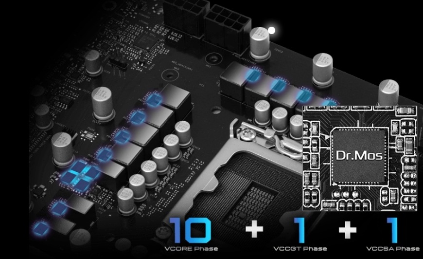 Základná doska ASRock B860 Pro RS Detail napájacích fáz Dr.MOS pri základnej doske ASRock B860 Pro RS pre stabilné napájanie CPU