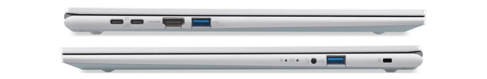 Notebook Acer Aspire Go 16 (AG16-71P-928X) strieborný Zatvorený notebook Acer Aspire Go 16 (AG16-71P-54KA) z oboch profilov s portami