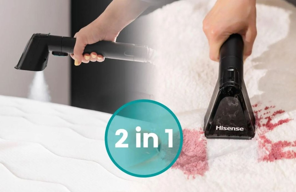 Tepovač kobercov Hisense HSSC07A 2in1 Steam IQ čierny riešenie 2 v 1 tepovača Hisense HSSC07A, v každom z dvoch obrázkov je iné použitie: para a vysávanie rozliatej tekutiny.