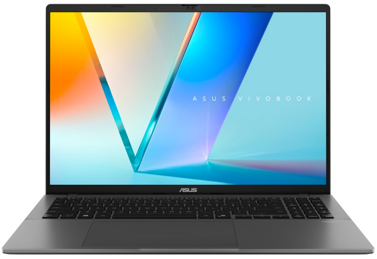 Notebook Asus Vivobook S16 strieborný Čelný pohľad na ASUS Vivobook S16 s 16″ OLED displejom a numerickou klávesnicou