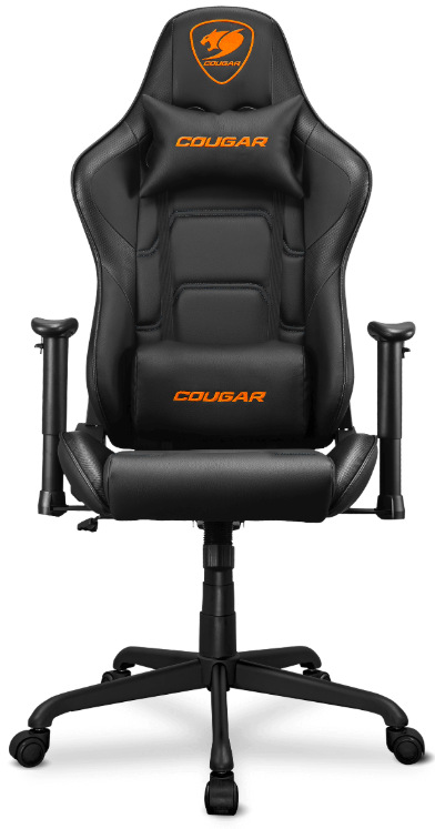 Herná stolička Cougar Armor Elite čierna Čelný detail hernej stoličky Cougar Armor Elite v čiernej farbe s bedrovým a hlavovým vankúšom