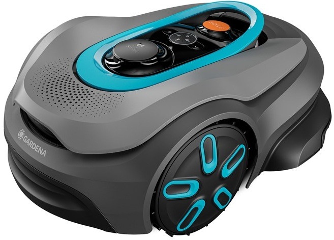 Robotická kosačka s modrými detailmi na svetlom pozadí.