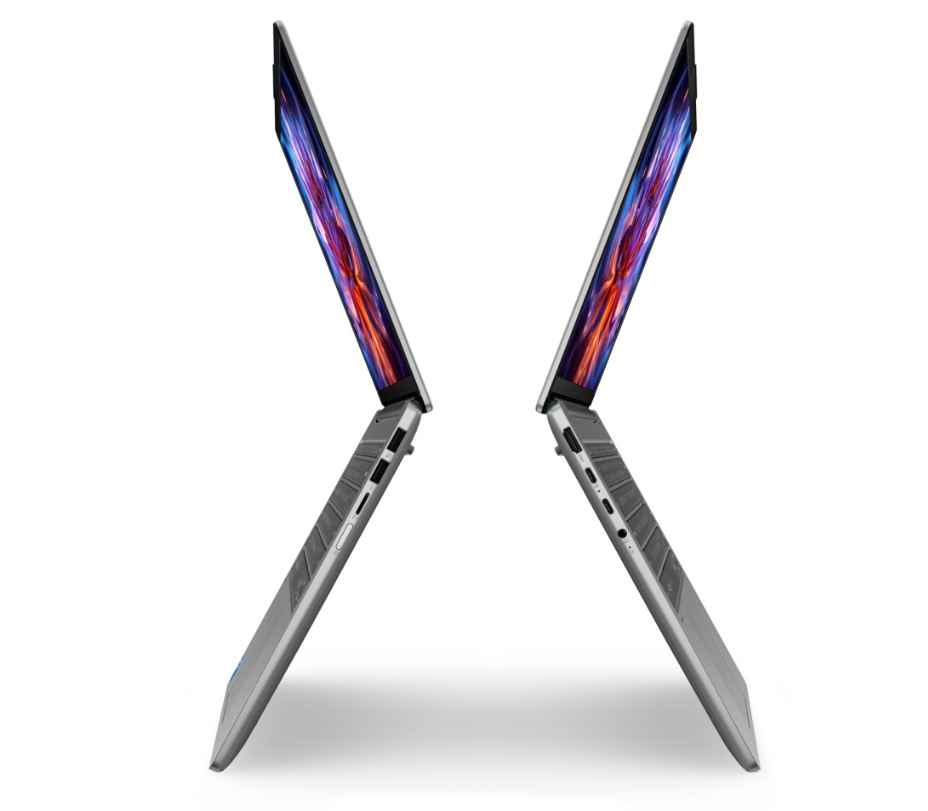 Notebook Lenovo IdeaPad Slim 5 14AHP11 sivý Dva otvorené notebooky Lenovo IdeaPad Slim 5 14AHP11 z oboch profilov