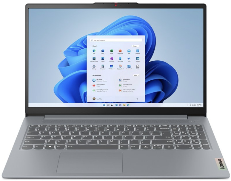 Sivý notebook Lenovo IdeaPad Slim 3 15AMN8 R3--30 s otvoreným 15,6″ displejom