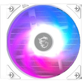 Na obrázku je detail bieleho ventilátora s výrazným RGB podsvietením. Uprostred je okrúhly stred s logom MSI a okolo neho farebný kruh prechádzajúci z ružovej a fialovej do modrej. Ventilátor je zasadený v bielom štvorcovom ráme a pôsobí moderne a herne.