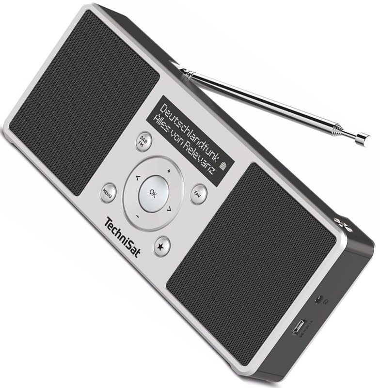 Čierno-strieborný rádioprijímač TechniSat DIGITRADIO 1 S pri pohľade šikmo spredu. Na čelnej strane sú dva reproduktory, OLED displej a kruhový ovládací panel, hore vysunutá teleskopická anténa a na boku konektory.