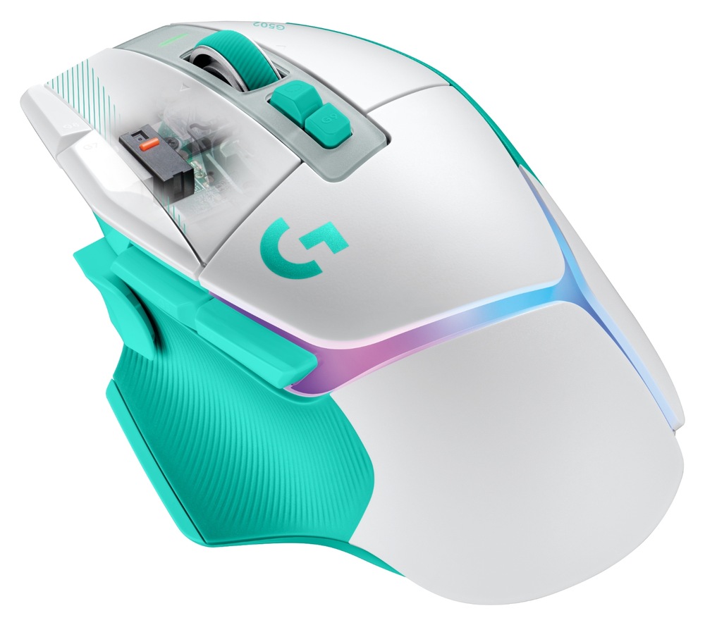 Myš Logitech G502 X Plus v detailnom produktovom zábere z horného uhla s viditeľnými programovateľnými tlačidlami a podsvietením