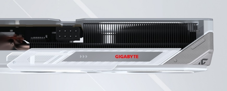 Grafická karta GIGABYTE Radeon RX 9060 XT GAMING OC ICE 16G biela Bočný pohľad na logo GIGABYTE s RGB podsvietením na karte GIGABYTE Radeon Gaming