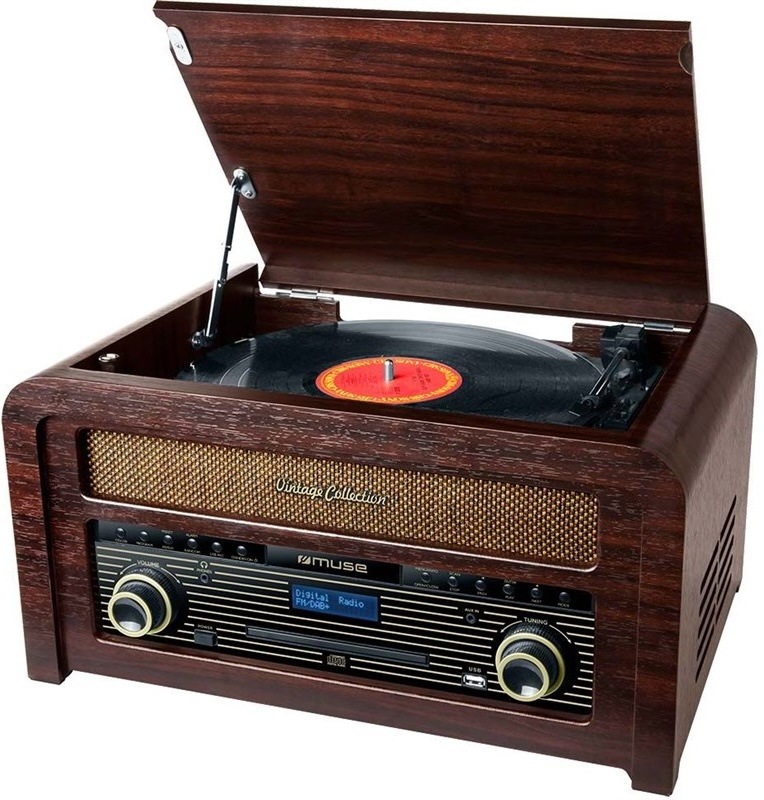 Drevený retro gramofón s CD a DAB+ rádiom Muse MT-115 DAB v tmavo hnedej farbe