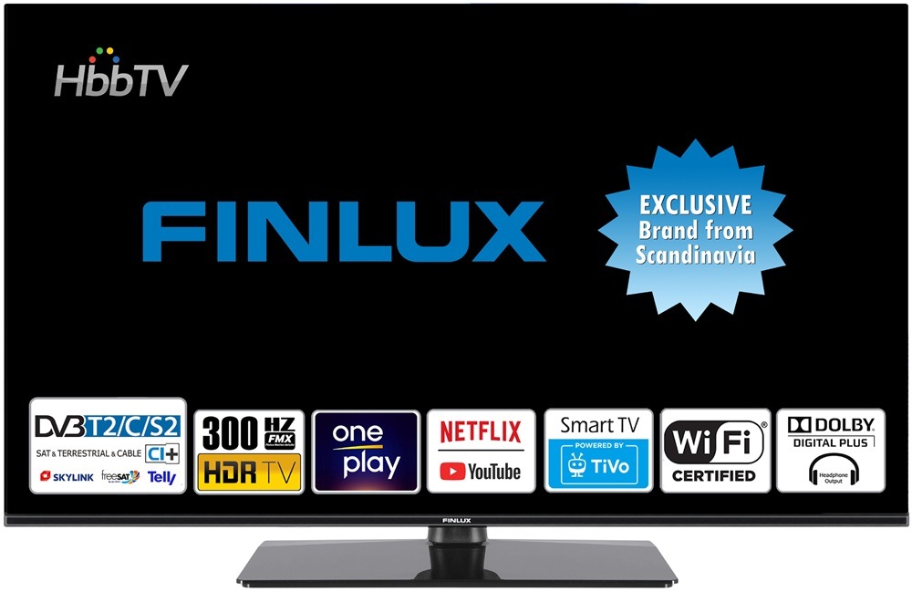 Televízor Finlux 32FHI5660 Televízia Finlux 32FHI5660, na obrazovke je logo Finlux a logá streamovacích služieb a technológií