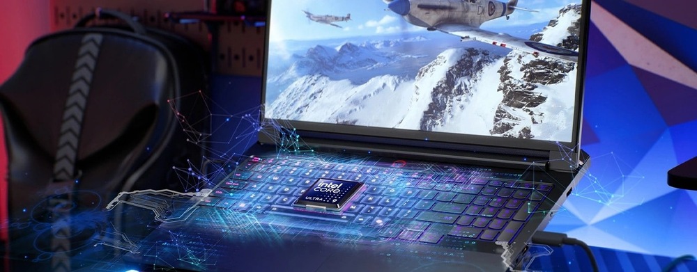 Notebook Lenovo Legion Pro 7 16IAX10H + Game Pass predplatné na 3 mesiace čierny Na elegantnom notebooku je zobrazená živá letecká bojová hra. Nad klávesnicou sa vznáša žiariaca digitálna grafika čipu procesora Intel Core.