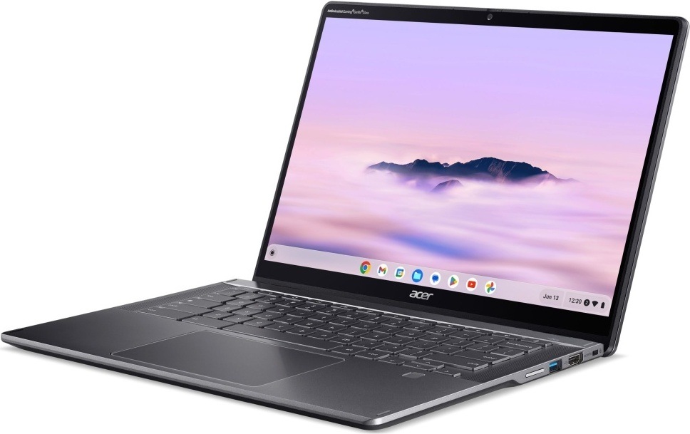 Notebook Acer Chromebook Plus Spin 514 (CP514-4HN-55KB) sivý Pohľad šikmo zo strany na notebook Acer Chromebook Plus Spin 514 s rýchlym chodom a kvalitnou ochranou