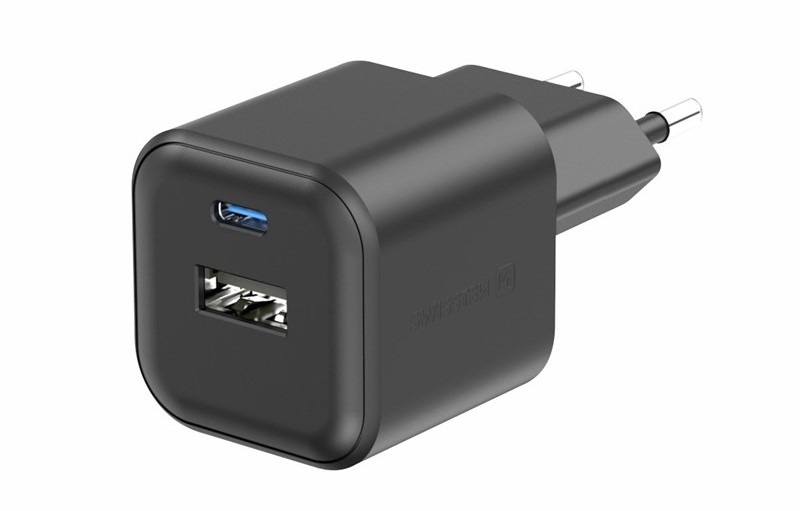 Nabíjačka do siete Swissten GAN 1x USB-C 20W PD + 1x USB-A 18W QC čierna
