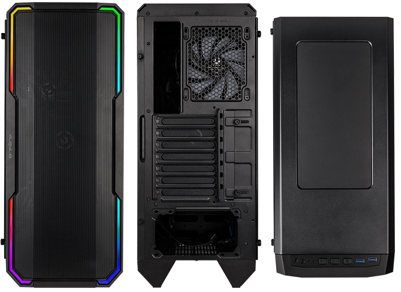 Case BitFenix Enso Mesh čierna Tri pohľady na PC skriňu. Predné, zadné a zhora. Sú tu zachytené zároveň vetracie mriežky, ventilátor na zadnej stene aj porty na vrchnej strane PC skrine.