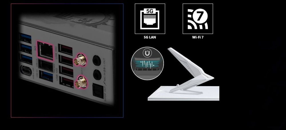 Základná doska MSI MPG Z890 EDGE TI WIFI Obrázok zobrazuje zadný panel počítača s niekoľkými portami, vrátane USB, HDMI a Ethernet. Ikony hore označujú podporu 5G LAN a Wi-Fi 7. Vpravo je vyobrazená biela anténa.