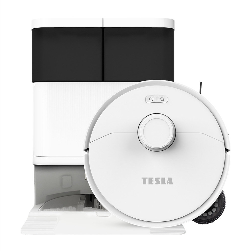 Robotický vysávač Tesla RoboStar iQ900 Ultra stojí na bočnej hrane pred nabíjacou stanicou