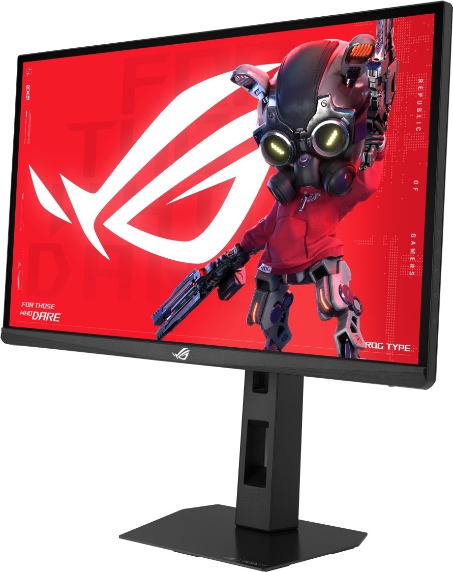 Herný monitor Asus ROG Strix XG248QSG Ace čierny Na obrázku je herný monitor ASUS ROG Strix z predného šikmého pohľadu. Monitor má čierny tenký rámček, širokouhlý displej a výškovo nastaviteľný stojan s plochou hranatou základňou. Na obrazovke je výrazná červená grafika s veľkým bielym logom ROG a futuristickou hernou postavou. Logo ROG je tiež na spodnej lište monitora. Celkovo monitor pôsobí ako rýchly herný model s výrazným designom Republic of Gamers.