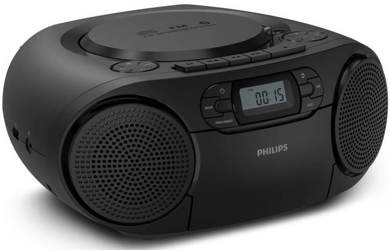 Rádiomagnetofón s CD Philips TAZ2200 čierny Detail LCD displeja rádiomagnetofónu Philips TAZ2200 zobrazujúci čas 00:15 a popisy tlačidiel