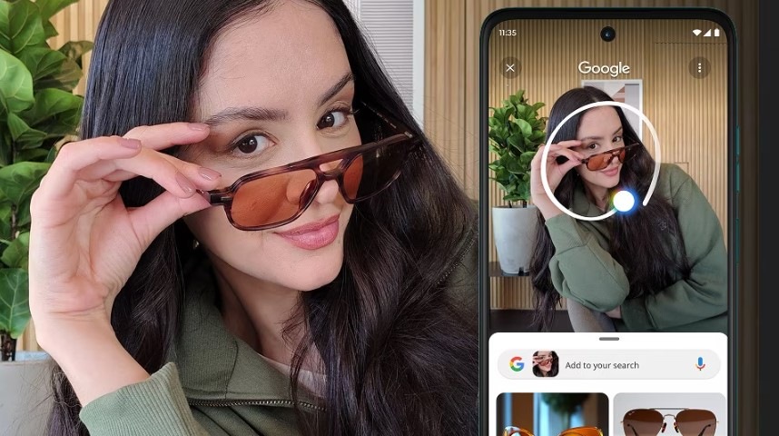 Žena so slnečnými okuliarmi a vyhľadávanie okuliarov pomocou funkcie Circle to Search