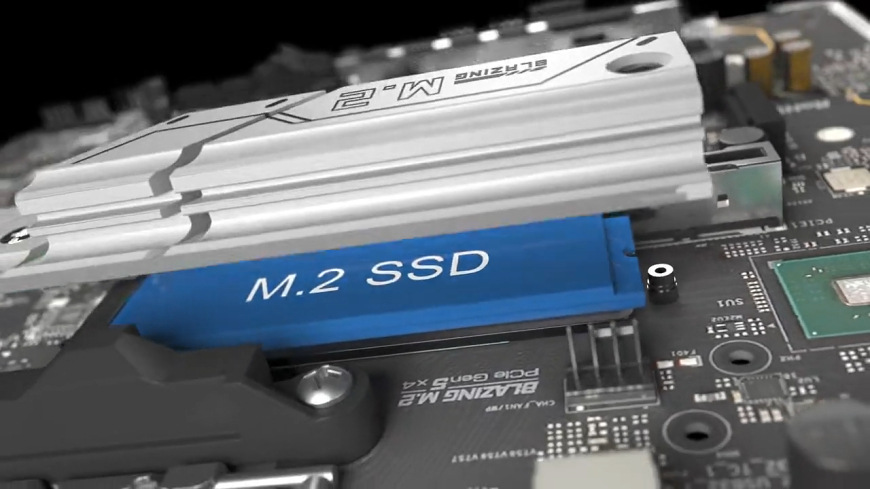 Detail chladeného M.2 slotu pre SSD na základnej doske ASRock B850M Pre RS