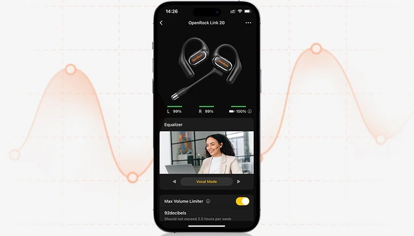 Slúchadlá OneOdio OpenRock Link 20 – športový otvorený bezdrôtový odnímateľný mikrofón s Bluetooth čierna Smartphone s mobilnou aplikáciou umožňujúcou nastavenie slúchadiel OpenRock Link 20″ width=
