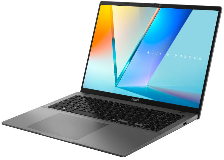 Otvorený ASUS Vivobook S16 z pravého uhla so šedým telom a OLED displejom