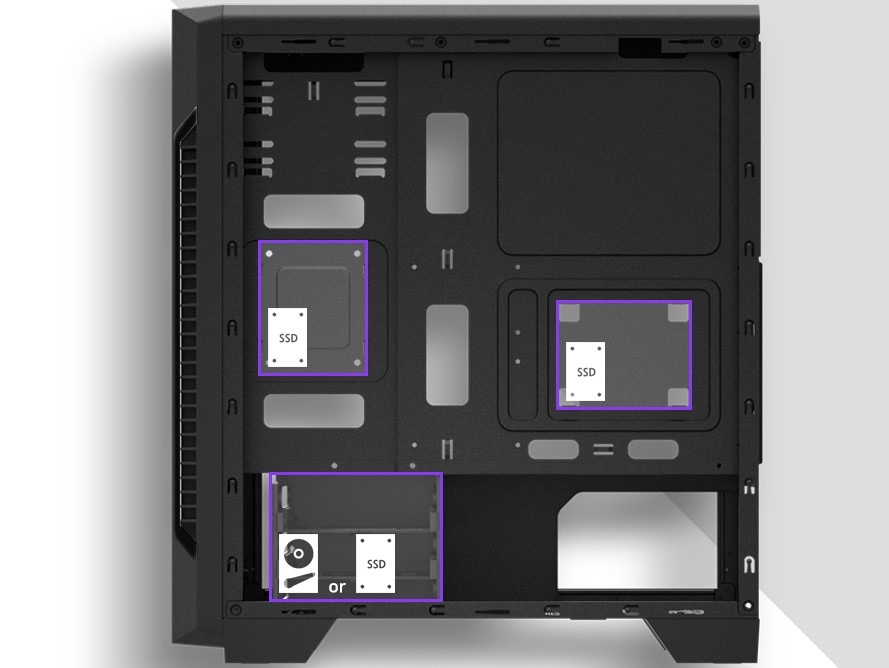 Umiestnenie pozícií pre SSD a HDD disky v PC skrini Case Zalman S3