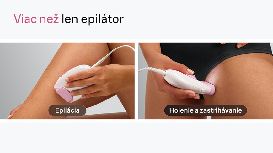 Epilátor Braun Silk-épil 3 SE3-031 ružový Dva obrázky. Žena si pomocou epilátora Braun Silk-épil 3 SE3-031 epiluje nohy a na druhom obrázku s ním zas zastrihuje chĺpky v bikini partiách.