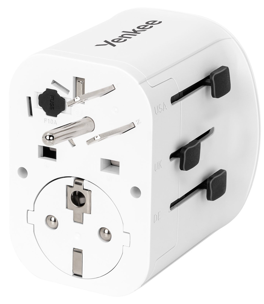 Cestovný adaptér YENKEE UN1 univerzální EU/UK/USA, 3x USB biely